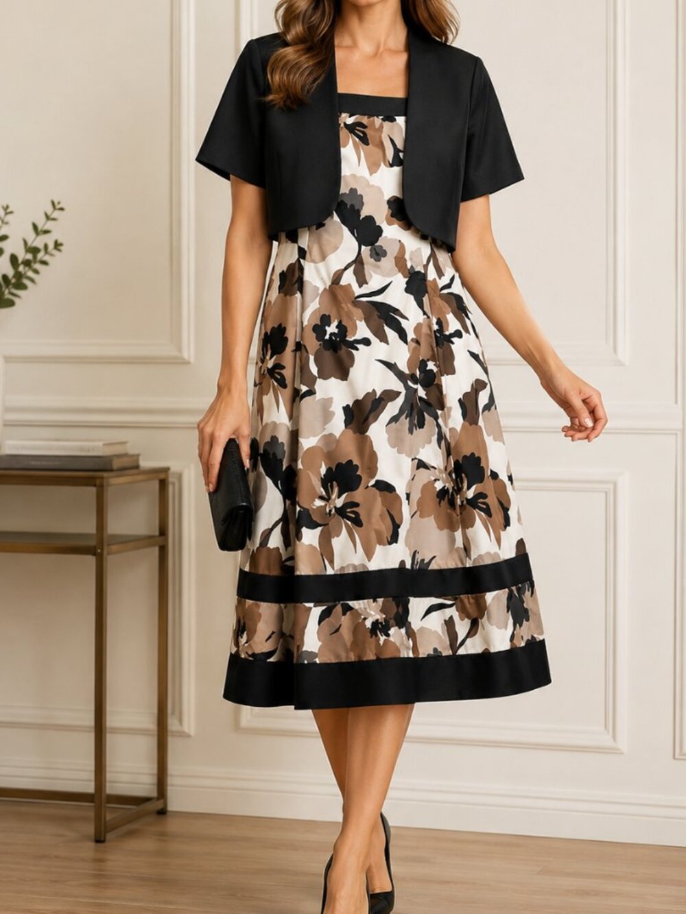 R&M Richards 2 Piece Floral Midi Dress & Jacket Black White Brown Size 18W